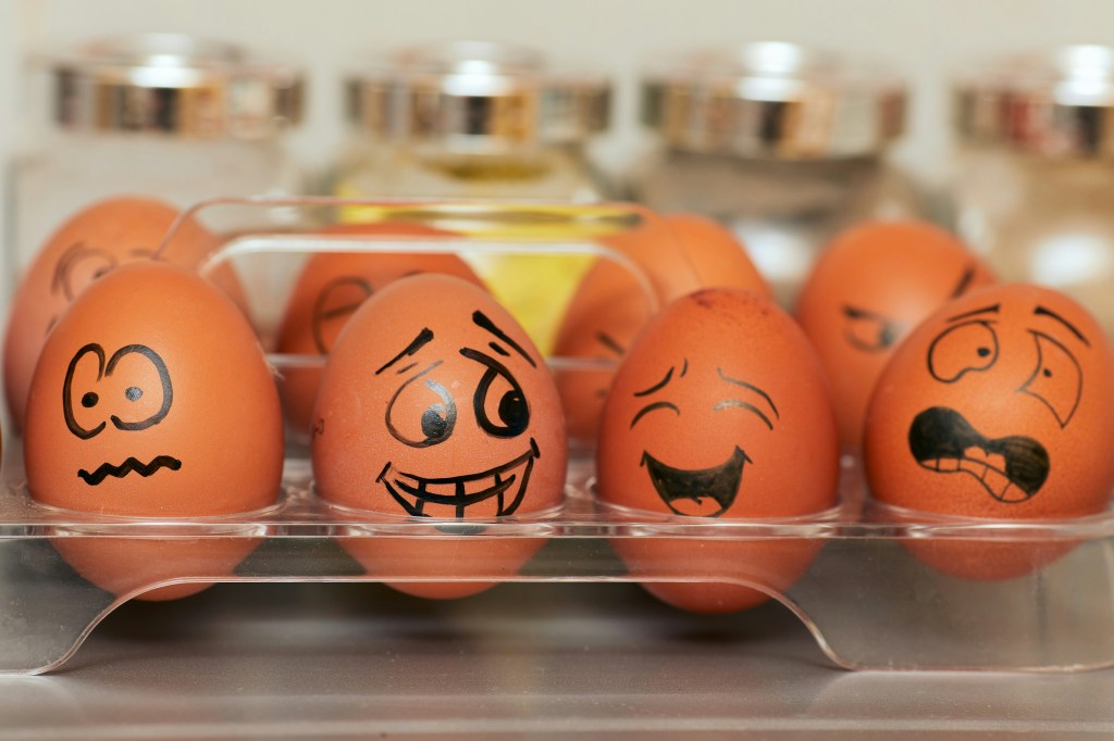 Brown eggs with faces drawn on their shells depicting a range of emotions.
